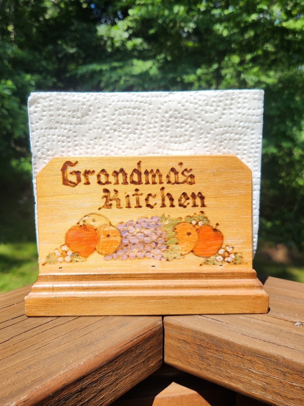 "Grandma's Kitchen" Wooden Napkin Holder With Painted Fruit Accents